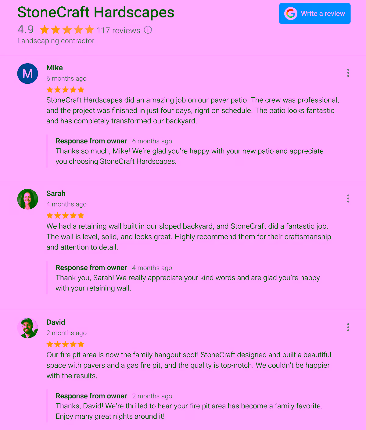 Google reviews panel for StoneCraft Hardscapes with 4.9 stars and detailed five-star reviews with owner responses