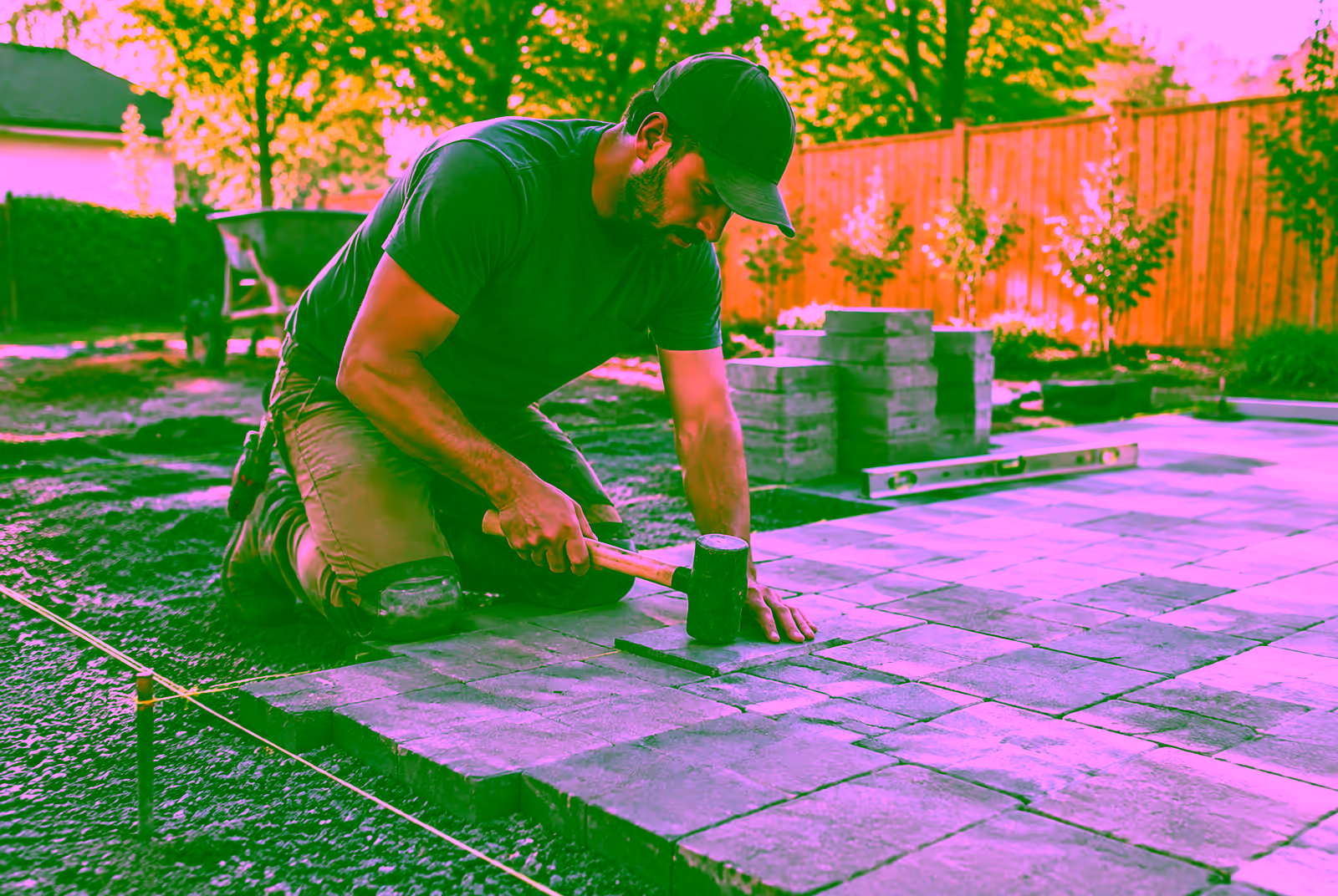 Hardscaping crew laying pavers for a backyard patio