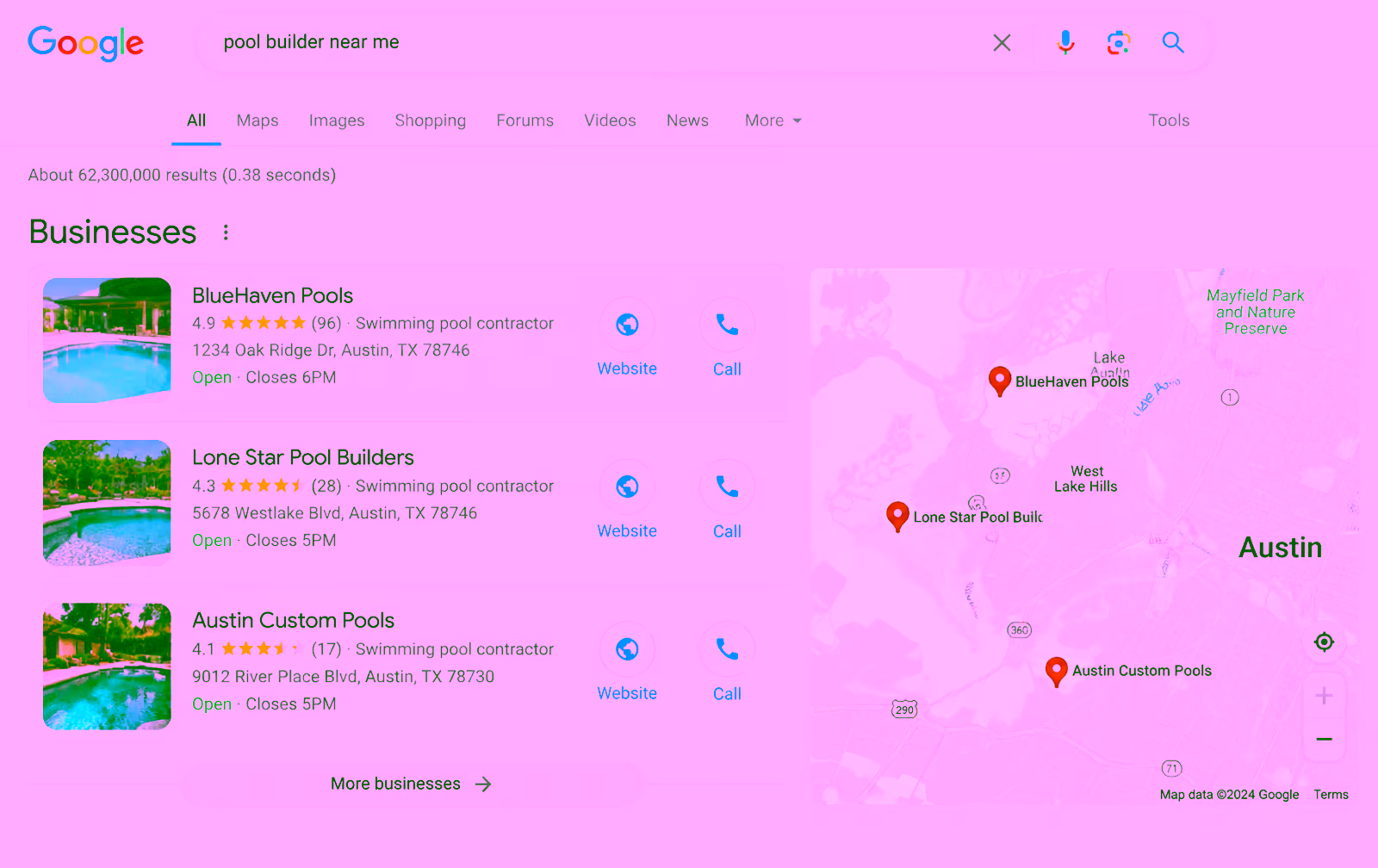 Google search for pool builder near me showing BlueHaven Pools in the first map pack spot with 96 reviews