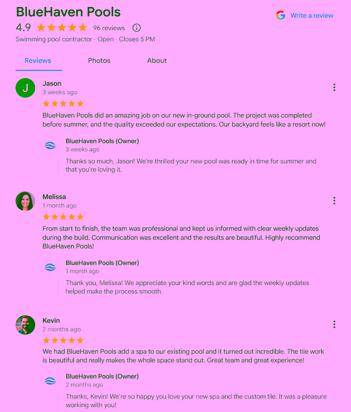 Google reviews panel for BlueHaven Pools with 4.9 stars and detailed five-star reviews with owner responses