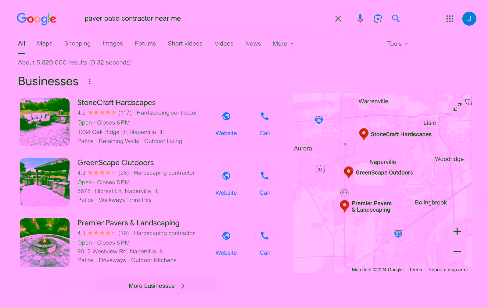 Google search for paver patio contractor near me showing StoneCraft Hardscapes in the first map pack spot with 117 reviews