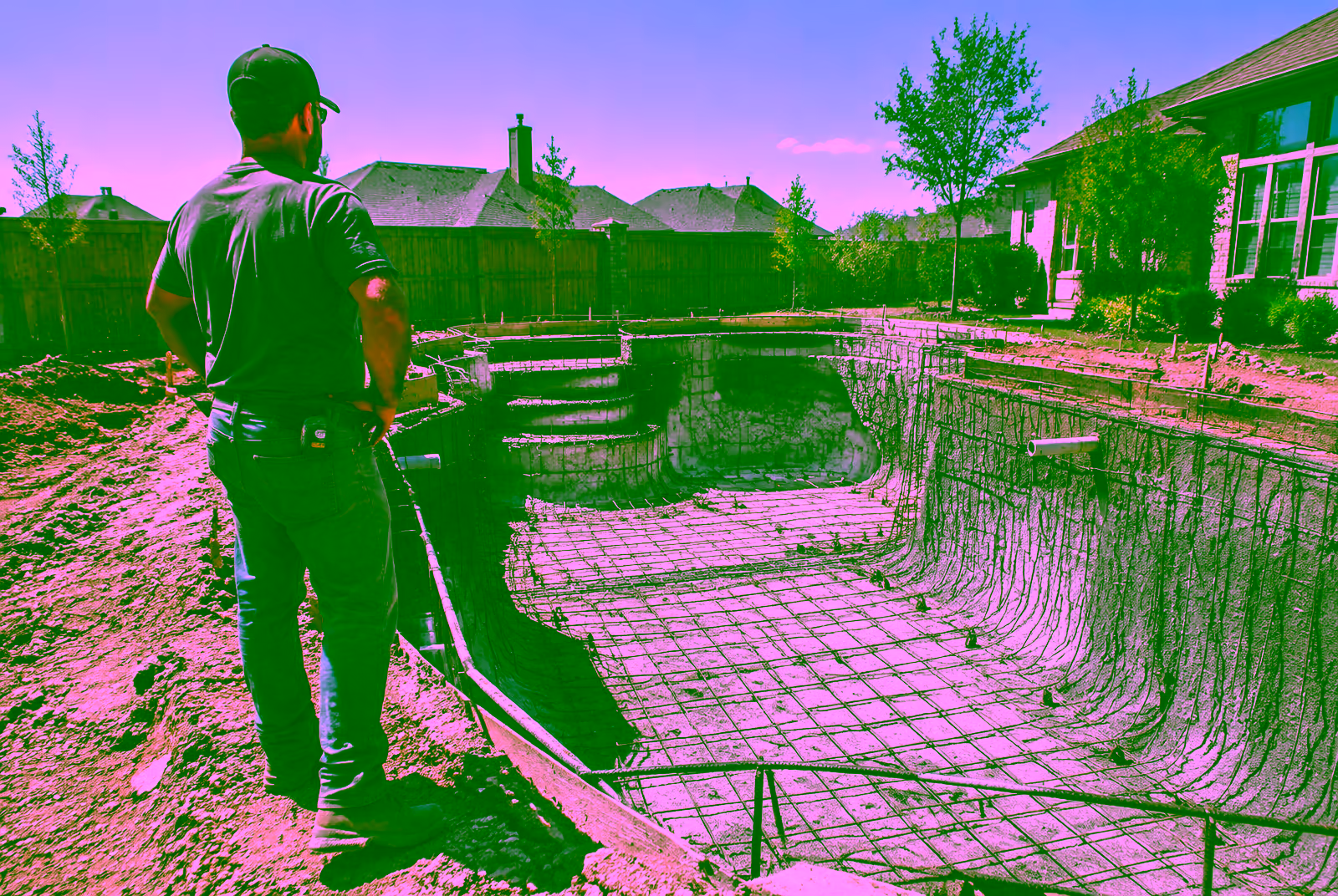 Pool builder finishing the edge of a new in-ground swimming pool