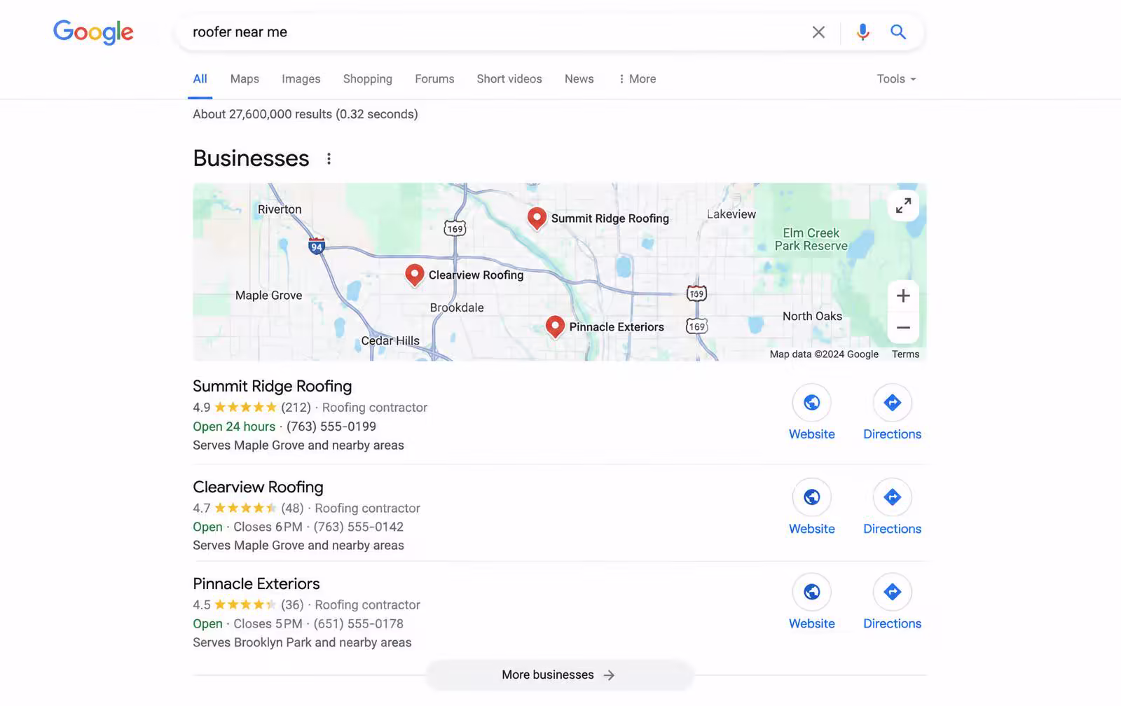 Google search for roofer near me showing Summit Ridge Roofing in the first map pack spot with 212 reviews
