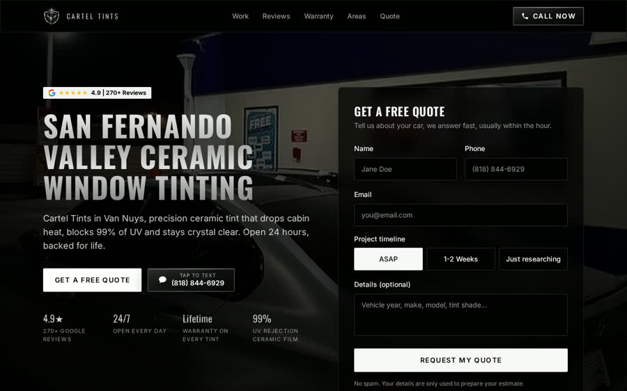 Cartel Tints website homepage