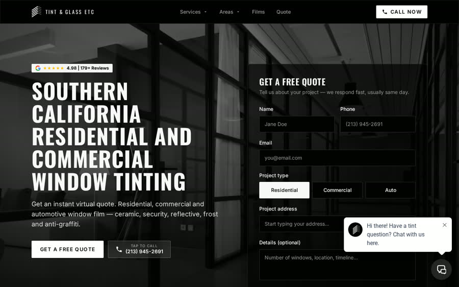 Tint & Glass Etc website homepage