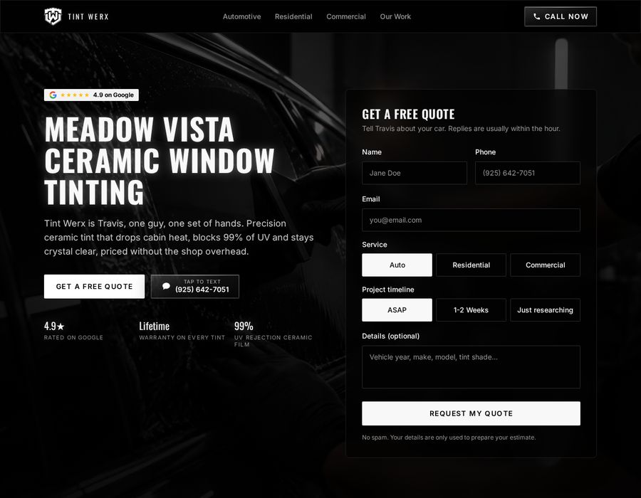 Tint Werx website homepage